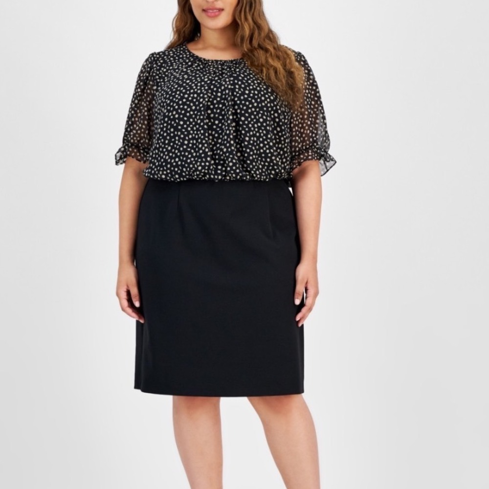 Connected Apparel Sheath Dress Women 20W New Polka Dot Chiffon Black Camel